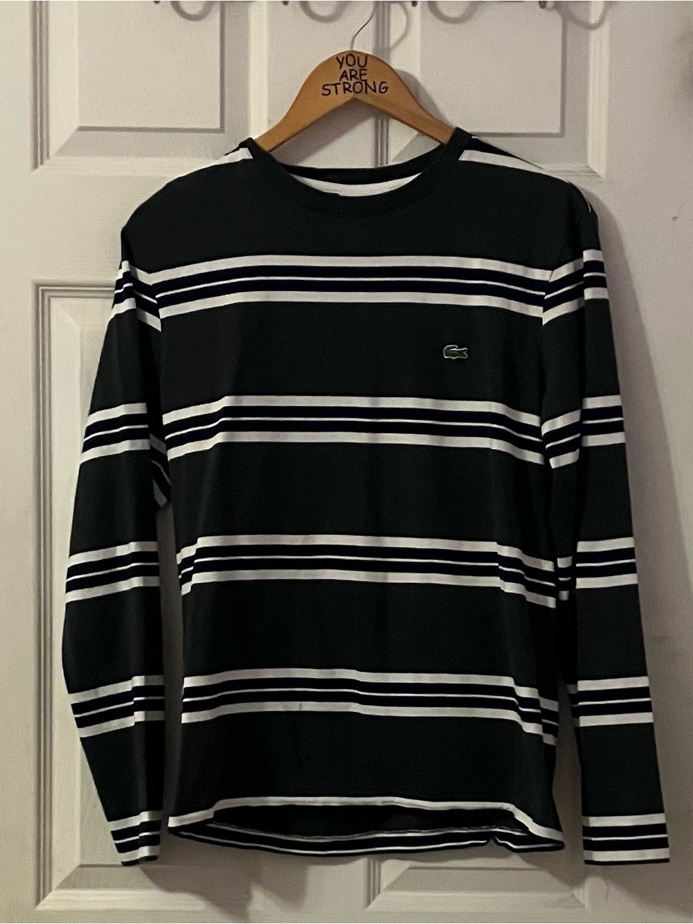 Lacoste Black, White, and Green Striped Long Sleeve Crewneck